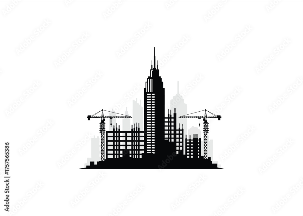 Fototapeta premium Silhouette of a Cityscape with Skyscrapers and Construction Cranes Urban Development Icon