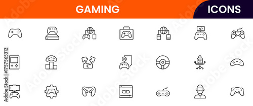 Gaming vector web line icon collection, sleek illustrations of controllers, headsets, consoles, virtual reality for immersive, dynamic designs.