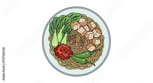 Delicious Plate of Asian Noodles with Tofu and Vegetables.