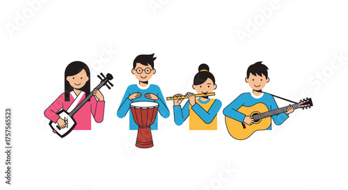 Cartoon Musicians Playing Traditional Instruments: Shamisen Djembe Flute and Guitar.