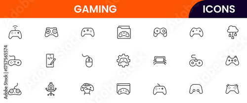 Gaming vector web line icon collection, sleek illustrations of controllers, headsets, consoles, virtual reality for immersive, dynamic designs.