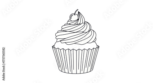 Detailed Line Drawing of a Frosted Cupcake with a Cherry Topping.
