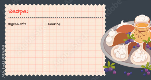 Charming recipe card featuring plate of Cute recipe card with delicious Arab pancakes and honey. Perfect for sharing dessert recipes. Ideal for food blog, cooking tutorial. Vector flat illustration.