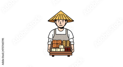 Illustration of an Asian street food vendor wearing a conical hat and apron.