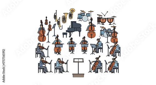 Colorful Hand-Drawn Orchestra Ensemble with Musicians Playing Various Musical Instruments.