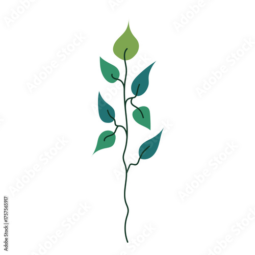 Clean vector illustration of slender vine with stylized green leaf and flowing line on white. Perfect for eco branding, packaging, web, logo, pattern, sticker and card. Vector flat illustration.