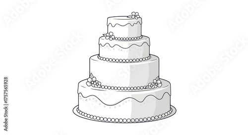 Elegant Four-Tiered Wedding Cake Illustration with Delicate Decorations.
