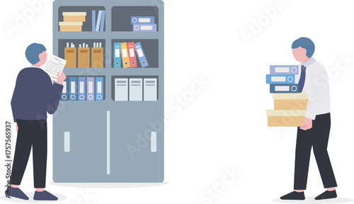 キャビネットに資料をしまう人と書類を運ぶ人