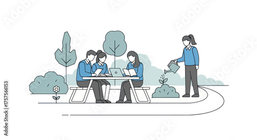 Group of People Working and Cleaning Outdoors in a Park Illustration.