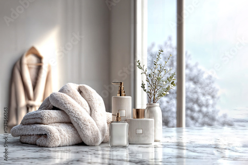 Minimalist spa set with bodycare products and bathrobe 