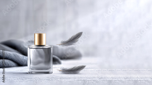 Elegant perfume bottle with dark feathers 