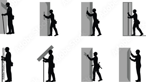 Silhouette person with cane, man pushing door, figure opening panel, human reaching wall, safety instruction icon, accessibility design, architectural interaction, vector illustration set