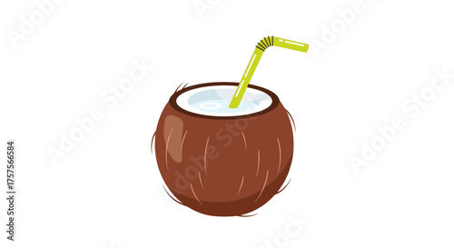 Refreshing Coconut Drink with Straw in a Halved Coconut Shell.