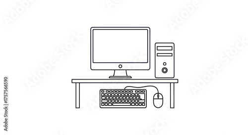Minimalist Line Art of a Desktop Computer Setup on a Desk.