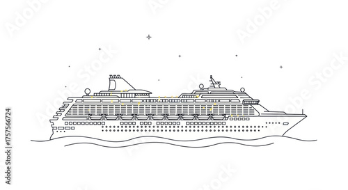 Detailed Line Art Illustration of a Large Cruise Ship on Water.