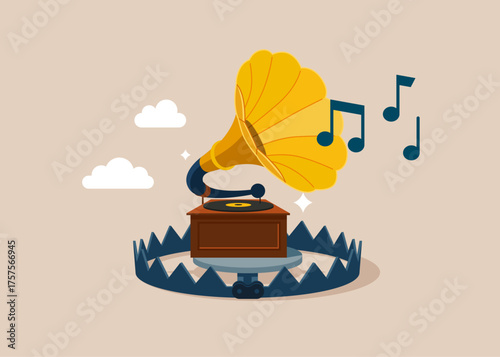 Gramophone above metal steel bear trap. Idea theft and expensive audio records on vintage LP. Vector flat illustration