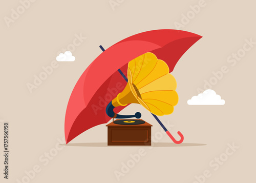 Insurance, protection. Gramophone under umbrella. Classical music gramophone with vinyl player. Vector flat illustration