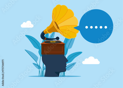Lover music with a gramophone instead of a head. Vector flat illustration.