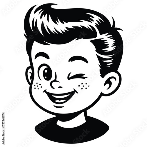  Retro vintage smiling boy character winking in fifties advertisement