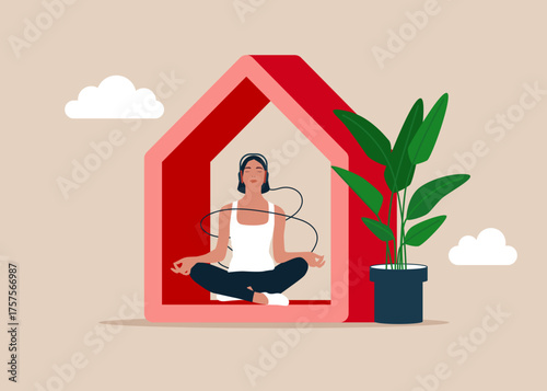 Full length mindful young woman making mudra gesture, sitting in lotus position at home. Peaceful millennial girl deeply meditating, doing breathing yoga exercises alone. Training and courses. Vector