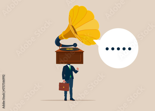 Businessman lover music with a gramophone instead of a head on shoulders. Vector flat illustration.