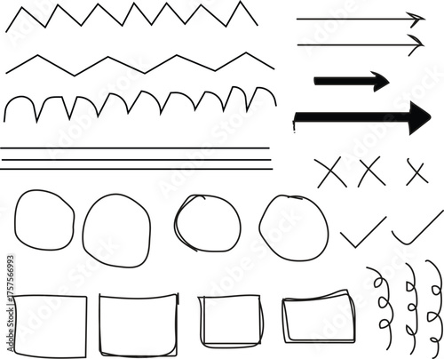 Hand drawn doodle elements vector illustration of sketch lines arrows circles squares and checkmarks for design and decoration isolated on white background