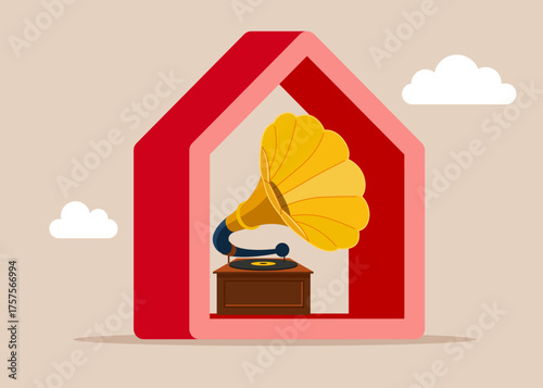 Gramophone in home. Classical music gramophone with vinyl player. Vector flat illustration