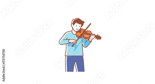 Man playing the violin with bow wearing blue shirt and pants.