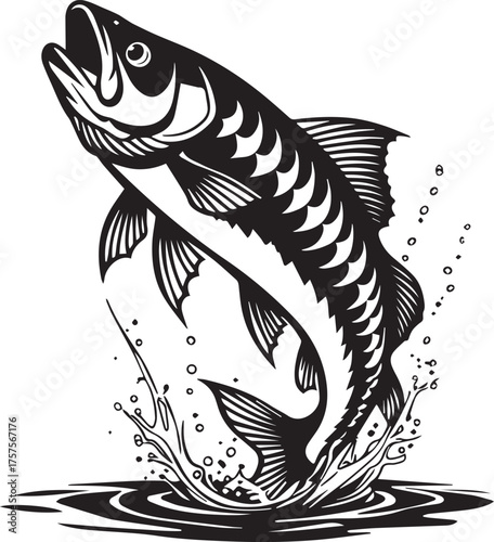 Dynamic black and white jumping fish illustration with splashing water effect
