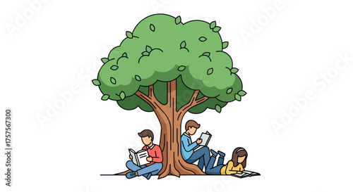 Cartoon Illustration of People Reading Under a Tree.