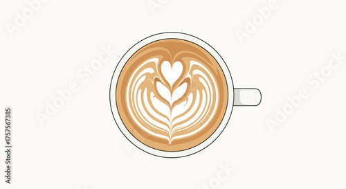Overhead view of a latte with intricate heart and floral latte art.