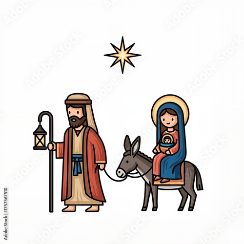 A sweet cartoon of Mary joseph figurines on a donkey is a central part of the Las Posadas story, perfect for children's educational content.