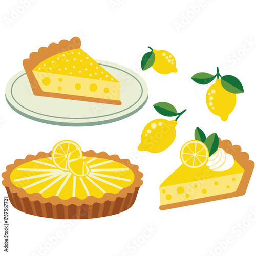  Set of whole lemon pies and slices with fresh lemons