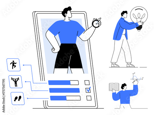 Smartphone with fitness tracker, exercise icons, character holding bulb, reading chart. Ideal for health, innovation, productivity, creativity education self-improvement technology. Simple flat