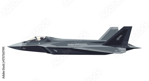 Modern Stealth Fighter Jet in Dark Gray Side View Military Aircraft.