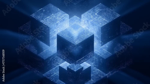 Abstract digital cubes illuminated with blue light and beams