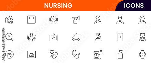 Vector illustration web line icon collection for nursing home care, elderly, medical, and support symbols in a compassionate, modern style.