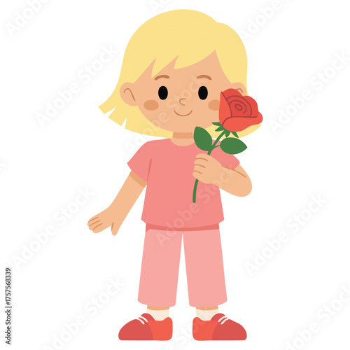  Young girl smelling the fragrance of a red rose flower