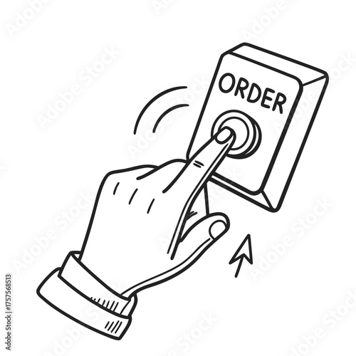 User's hand pressing a digital 'ORDER' button for online shopping or service request, depicting a quick and easy e-commerce transaction with an active selection