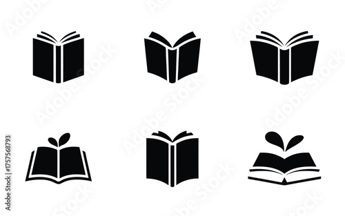Collection of six stylized open books icons for educational or literary themes
