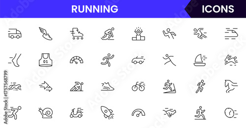 Running vector web line icon collection, sleek illustrations of shoes, tracks, fitness, speed for dynamic, active, athletic designs.