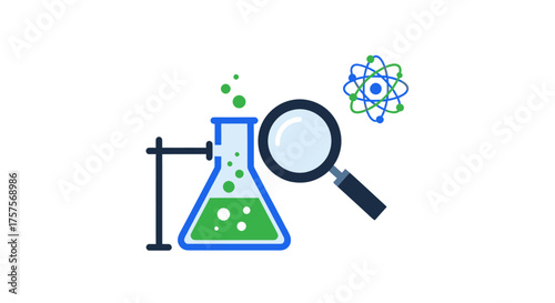 Scientific laboratory flask with magnifying glass and atom symbol.