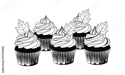 Thanksgiving cupcakes decorated with pumpkin frosting and autumn leaf toppers in cozy isolated silhouette vector illustration