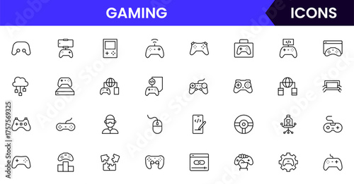 Gaming vector web line icon collection, sleek illustrations of controllers, headsets, consoles, virtual reality for immersive, dynamic designs.