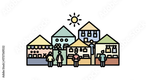 Colorful illustration of a bustling outdoor market with stalls and people.