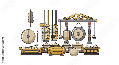 Collection of Traditional Indonesian Gamelan Musical Instruments.