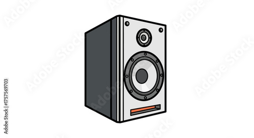 White bookshelf speaker with multiple drivers and metallic accents.