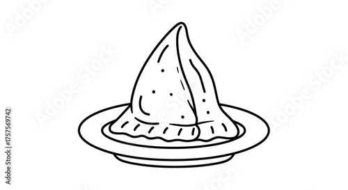 Simple Black and White Samosa on a Plate Illustration.
