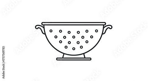 Simple Line Art Illustration of a Perforated Metal Colander with Handles.