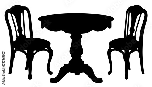 Black and white silhouette of a table and chairs. A business card for a furniture purchase and restoration store. Vector graphics. EPS.